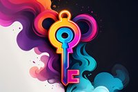 Vibrant key symbol with colorful smoke effect on dark background, combining pink, purple, turquoise and orange gradient waves for modern graphic design projects.