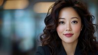 Young Asian woman with curly dark hair and natural makeup smiling confidently against blurred office background, professional corporate headshot style portrait.