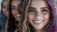 Young woman wearing purple headscarf smiling with bright white teeth and natural makeup, close-up portrait with blurred friends in background, joyful expression.