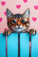 Curious tabby cat wearing brown glasses peeking over blue books against pink background with heart pattern, showing paws on book spines.