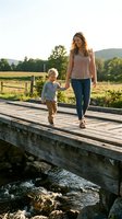 Woman with long blonde hair and young child with blonde hair walking together on wooden bridge over stream in rural countryside setting with green fields and mountains in background during golden hour.