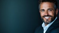 Confident mature businessman with gray beard and bright smile wearing dark suit against blue background, radiating success and leadership qualities.