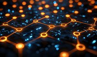 Glowing orange network nodes connected by lines against dark background with blue bokeh lights, representing digital connectivity and neural networks.