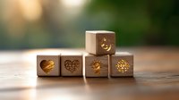 Wooden blocks with engraved heart symbols and romantic patterns arranged on rustic table surface with soft bokeh background, creating cozy atmosphere.