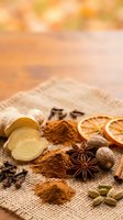 Dried ginger slices, star anise, nutmeg, cardamom, cloves, and cinnamon powder arranged on burlap fabric with warm bokeh background for culinary and wellness content.