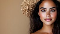 Young mixed-race woman with natural makeup wearing straw hat against beige background for beauty and fashion campaigns.