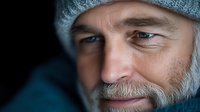 Close up portrait of mature Caucasian man with gray beard wearing winter knit hat, smiling with kind expression against dark background. Soft natural lighting highlights facial features.
