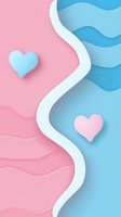 Layered paper cut background in pink and blue pastel colors with heart shapes and wavy dividing line creates soft romantic mood for valentines and baby shower designs.