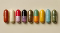 Colorful pharmaceutical capsules arranged in row showing variety of medications with different powder fillings visible through transparent shells on neutral background.