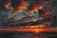 American flag waving against dramatic sunset sky over ocean, with fiery red clouds and dark stormy atmosphere creating patriotic coastal scene.