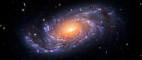 Spiral galaxy glowing in deep space with vibrant blue star clusters and golden core, set against a dark starfield background.
