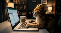 Tabby cat wearing yellow knit beanie working on laptop computer in cozy home office with coffee mug, funny business concept for remote work and productivity.