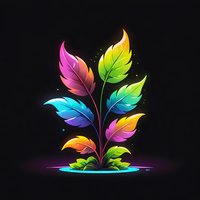 Vibrant rainbow-colored leaves growing from glowing base on black background, magical plant with gradient colors and sparkles. Isolated design for creative projects.