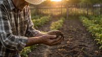Elderly male farmer in straw hat holding handful of rich soil in hands at sunset, examining earth quality in green crop field rows.