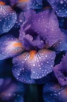Purple iris flower with morning dew drops on petals against dark background. Macro photography captures delicate patterns and water droplets in magical lighting.