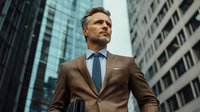 Confident mature Caucasian businessman in brown suit and blue tie looking up while standing against modern office buildings in urban financial district.