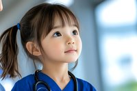 Young Asian female healthcare worker in blue scrubs with stethoscope looking up with hopeful expression against blurred hospital background.