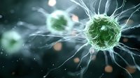 Green glowing virus cell with extending tendrils on dark background, microscopic view showing viral structure and biological connections in scientific detail.