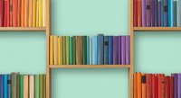 Colorful books arranged on wooden shelves against mint green wall creating organized library display for education and reading concepts.