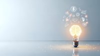 Glowing light bulb with floating financial icons and symbols representing innovative business ideas, investment concepts, and creative solutions for success.
