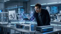 Male scientist examining holographic DNA structure in modern laboratory with advanced technology and digital displays for genetic research applications.