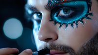 Dramatic close up of drag queen applying black lipstick with turquoise glitter eye makeup and artistic face paint in dark atmospheric lighting with bokeh effect.