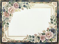 Vintage floral frame with roses, peonies, and botanical elements in muted tones. Ornate gold border with decorative corners. Elegant template for invitations, cards, and design projects.