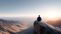 Person meditating on mountain cliff edge during golden hour sunrise with vast desert valley landscape below for mindfulness and wellness content.