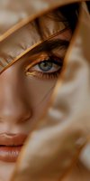 Woman with blue eyes wearing golden eyeshadow and bronze-toned fabric draped across face, showcasing luxury makeup and fashion styling for beauty and cosmetics campaigns.