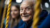 Happy elderly Caucasian man with warm smile riding public transportation bus or train, senior citizen enjoying urban commute with positive attitude and joyful expression.