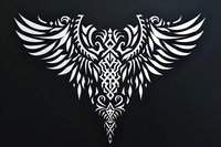 Tribal style eagle symbol with spread wings in white silhouette against dark background, featuring ornate Celtic and Gothic decorative patterns. Suitable for tattoo designs.