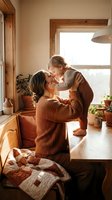 Young mother holding toddler son in cozy living room with warm natural light streaming through window creating intimate family bonding moment at home.
