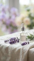 Lavender essential oil bottle with dropper and fresh purple lavender flowers on linen fabric. Natural aromatherapy and spa wellness concept for relaxation.