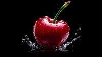 Fresh red cherry with water droplets and splash on black background for culinary and healthy eating concepts.