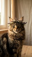 Fluffy tabby cat wearing decorative floral crown with lavender and white flowers, sitting indoors by window with neutral beige curtains and wooden table.
