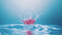 Crown-shaped water splash with pink liquid creating dynamic impact on blue aqua surface, frozen moment of droplets and ripples in macro photography.