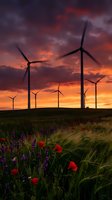 Wind turbines silhouetted against dramatic sunset sky with wildflower meadow featuring red poppies and purple flowers in foreground. Renewable energy and sustainable power generation concept.