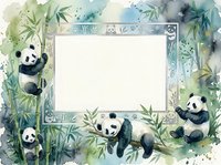 Watercolor panda family frame with bamboo leaves and blank space for text or photos on white background.