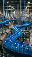 Blue beverage bottles on automated conveyor system in industrial manufacturing facility with production equipment and overhead lighting for beverage industry operations.