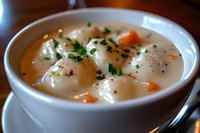 Creamy potato soup garnished with fresh chives and black pepper in white ceramic bowl, featuring tender chunks of potato and carrots in rich broth.