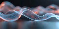 Abstract digital wave of glowing particles in blue and orange colors against dark background, flowing dynamic mesh structure for technology concept.