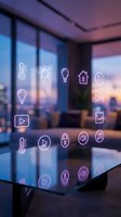 Neon smart home icons floating over modern apartment window with city skyline at sunset, representing IoT technology, automation, and connected living solutions.