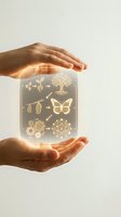 Hands holding glowing lifecycle diagram showing plant growth, butterfly metamorphosis, and gear evolution symbolizing transformation, sustainability, and circular economy concepts for business and environmental design.