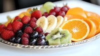 Fresh colorful fruit platter with strawberries, grapes, kiwi, orange slices and banana arranged on elegant serving tray for healthy eating and entertaining.