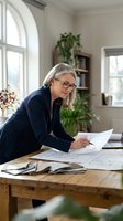 Mature businesswoman with gray hair and glasses reviewing documents at wooden desk in bright home office with plants and natural light.
