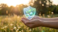 Hands holding glowing shield with leaf and water droplet icons against sunset field background, representing environmental protection, sustainability, and eco-friendly conservation concepts.