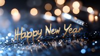 Glittering golden Happy New Year text on dark background with soft bokeh lights and sparkles creating festive holiday atmosphere for celebration designs.