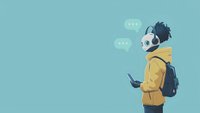 Young Asian male in yellow jacket and panda mask looking at smartphone with chat bubbles floating above, backpack on turquoise background, modern social media concept.