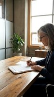 Mature woman with gray hair and glasses writing in notebook at wooden desk by window with natural light and potted plant.