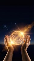 Hands holding glowing energy spiral with golden light particles against starry night sky for spiritual and mystical concepts.
